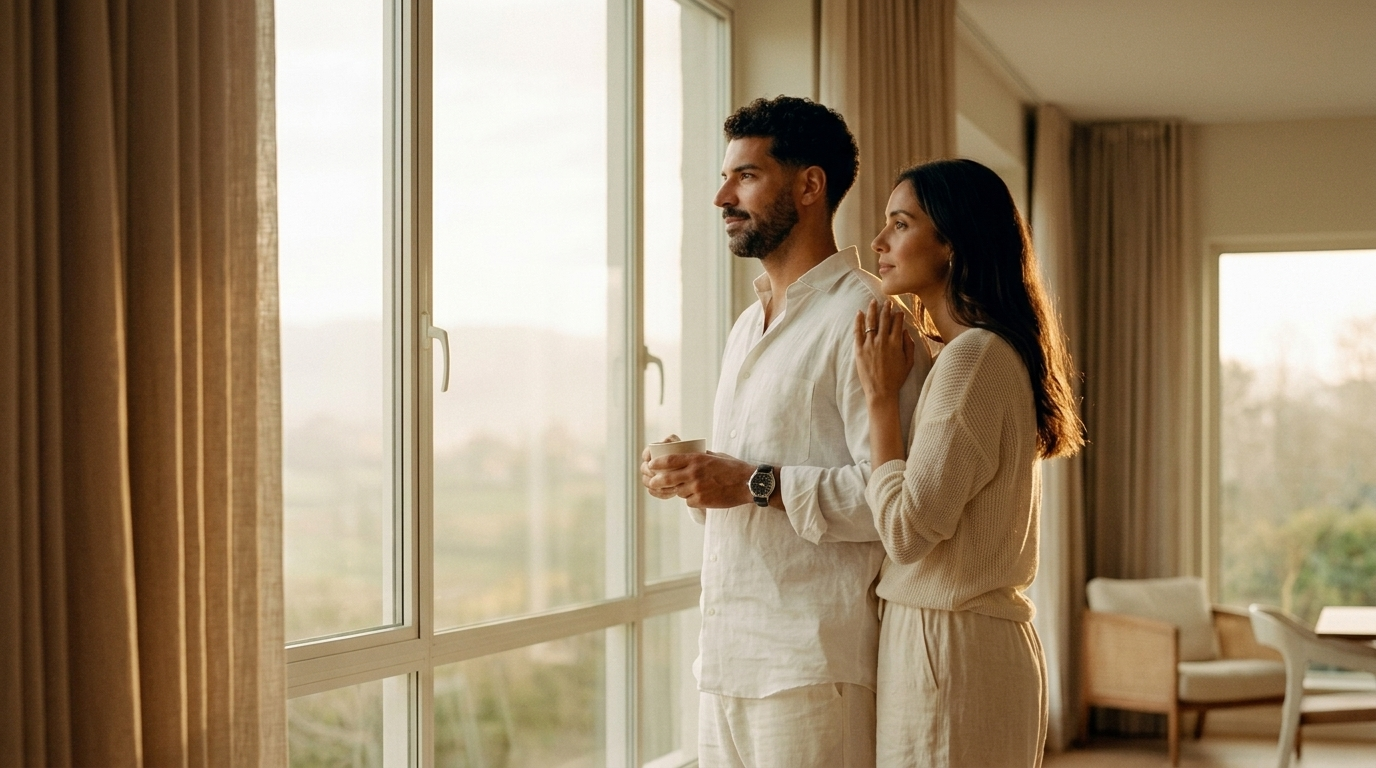 Couple de propriétaires serein, café en main, devant la grande fenêtre de leur logement