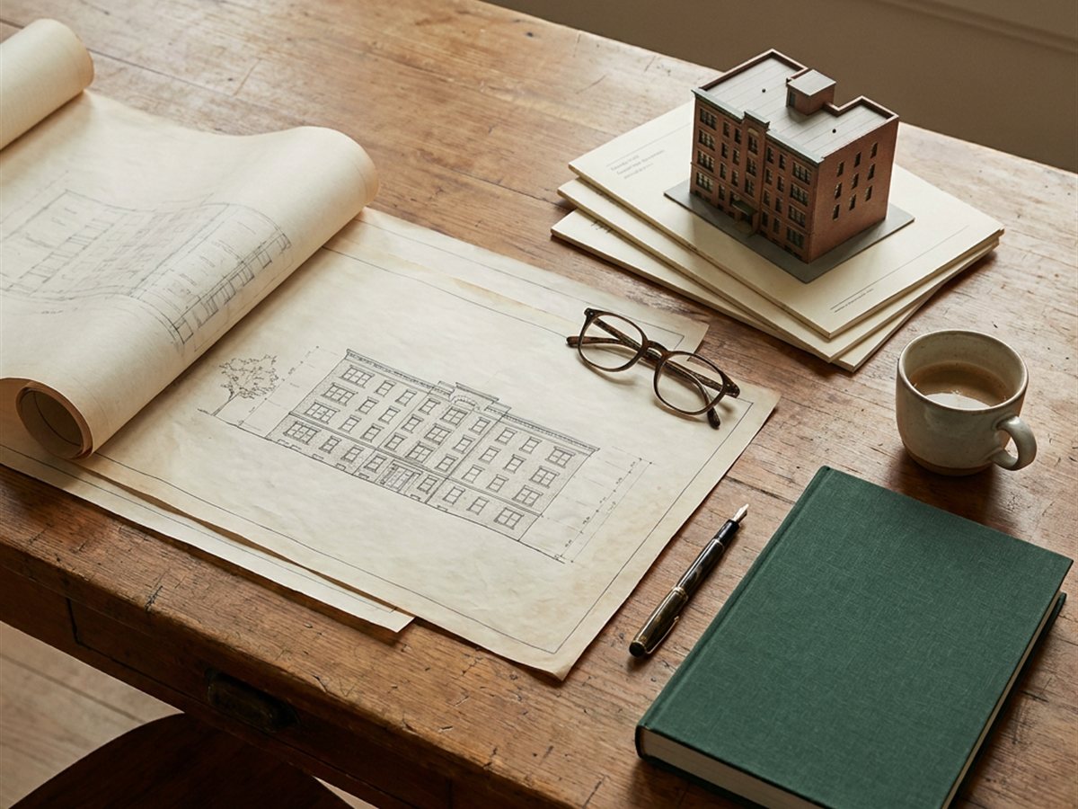 Plans, maquette d’immeuble et carnet sur une table d’atelier