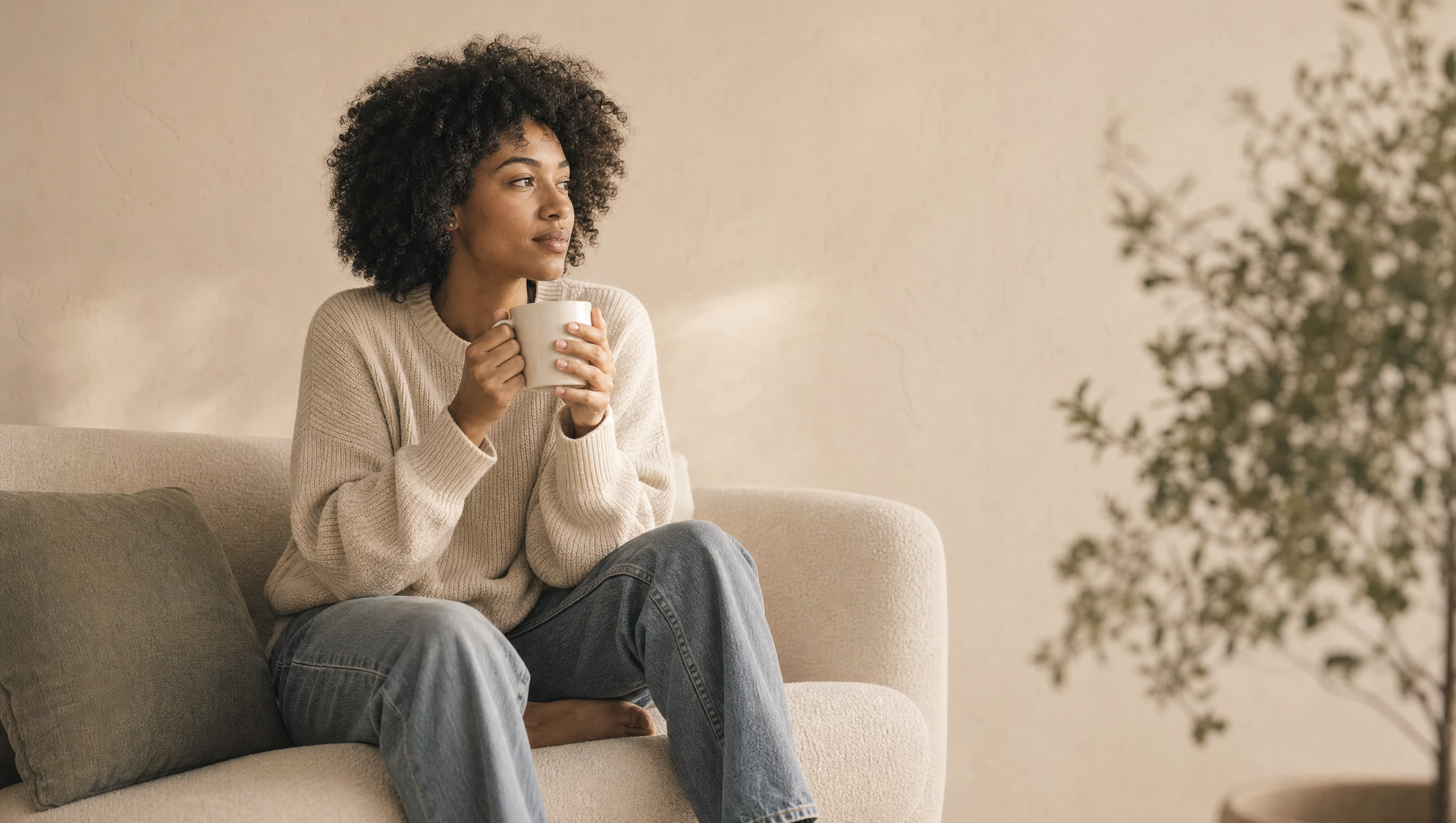 Propriétaire détendue, tasse en main, assise dans son salon